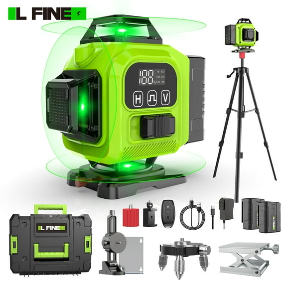 "LFINE 16-line laser level 360° self-leveling 4×360° 4D green cross line adjustable brightness with remote control & tripod set plastic & alloy material"