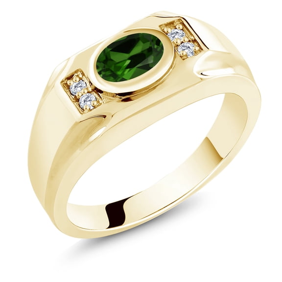 Gem Stone King 1.35 Cttw Ring for Men in 18K Yellow Gold Plated Silver with Green Chrome Diopside and White Moissanite | Gemstone Birthstone | Oval 8X6MM | (Size 7)