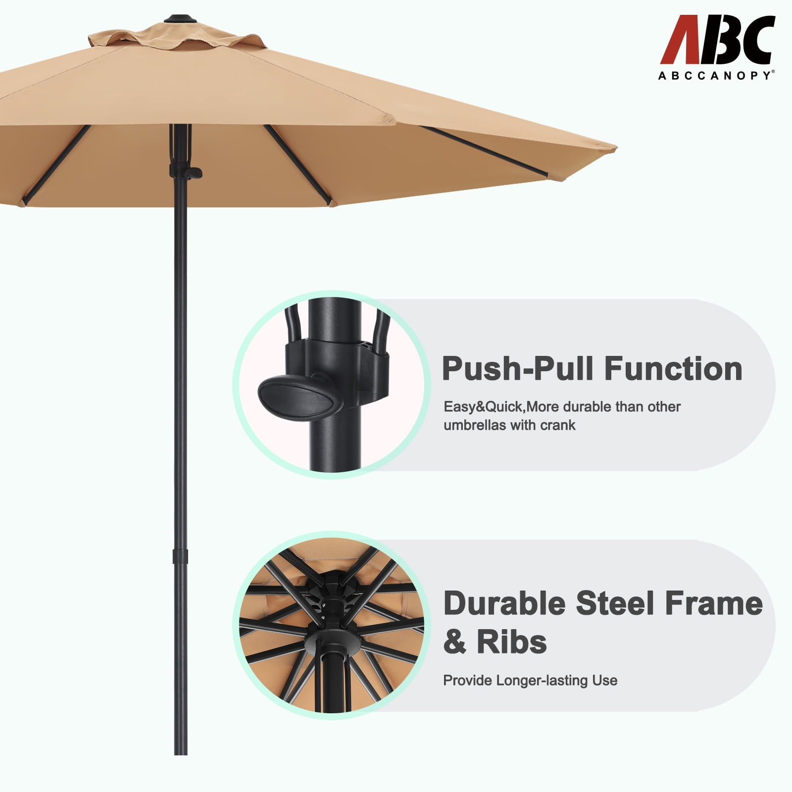 ABCCANOPY 9ft Outdoor Market Hand Push Patio Umbrella,12+Colors, Khaki