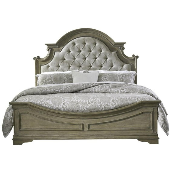 Liberty Furniture Industies, INC Magnolia Manor King Upholstered Bed, Dresser & Mirror - Weathered Bisque