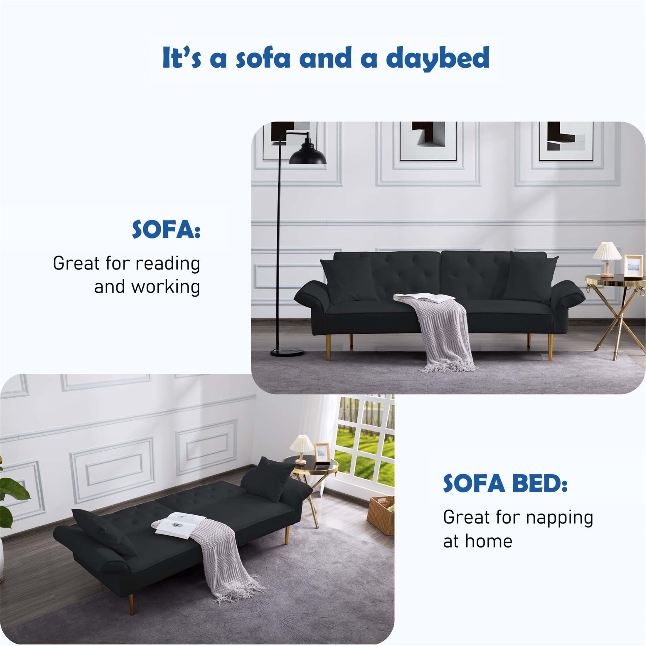 Aukfa 84" Wide Velvet Futon Convertible Sofa for Living Room, Folding Arm, 2 Pillows, Black