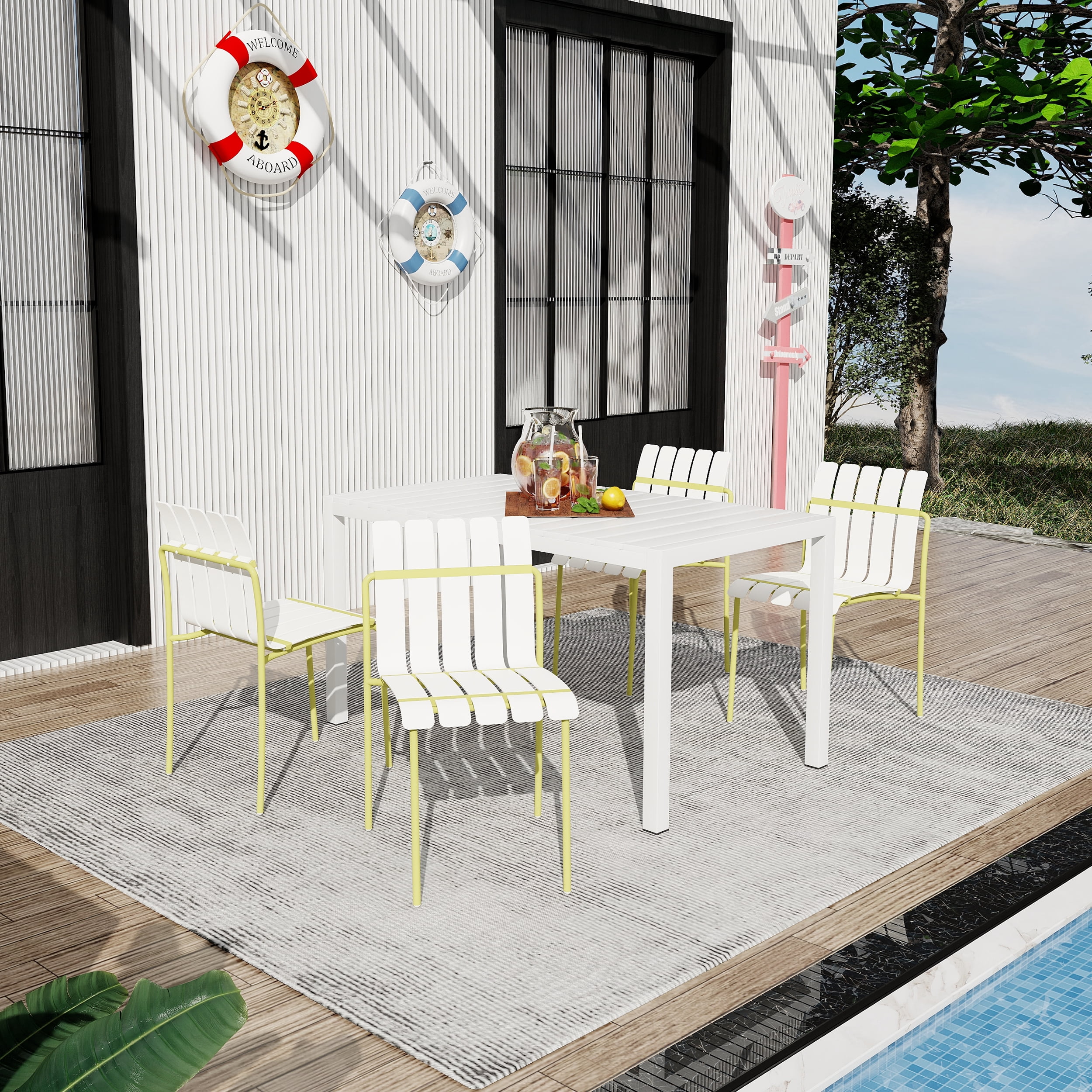 Outdoor Dining Chair, 4 Pack Striped Seat Leisure Chair for Garden Home Patio Outdoor, Cream White Grain Yellow