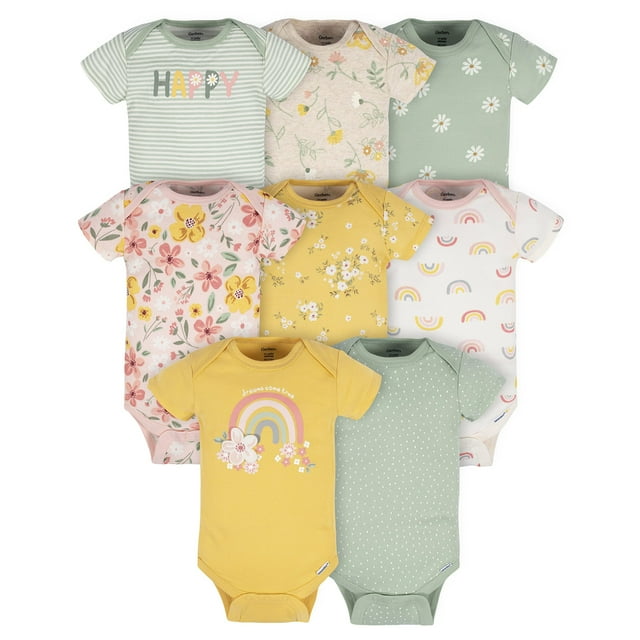 Gerber Body de manga corta para bebé niña, paquete de 8, diseño floral dorado, 0-3 meses