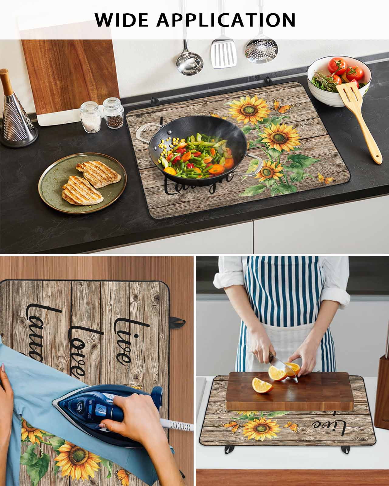 nqOlkjepod Large Induction Cooktop Protector Mat 36"x21", Sunflower Rustic Stove Top Covers for Electric Stove, Vintage Wooden Flowers Butterfly Stove Burner Cover Mats, Glass Top Stove Cover