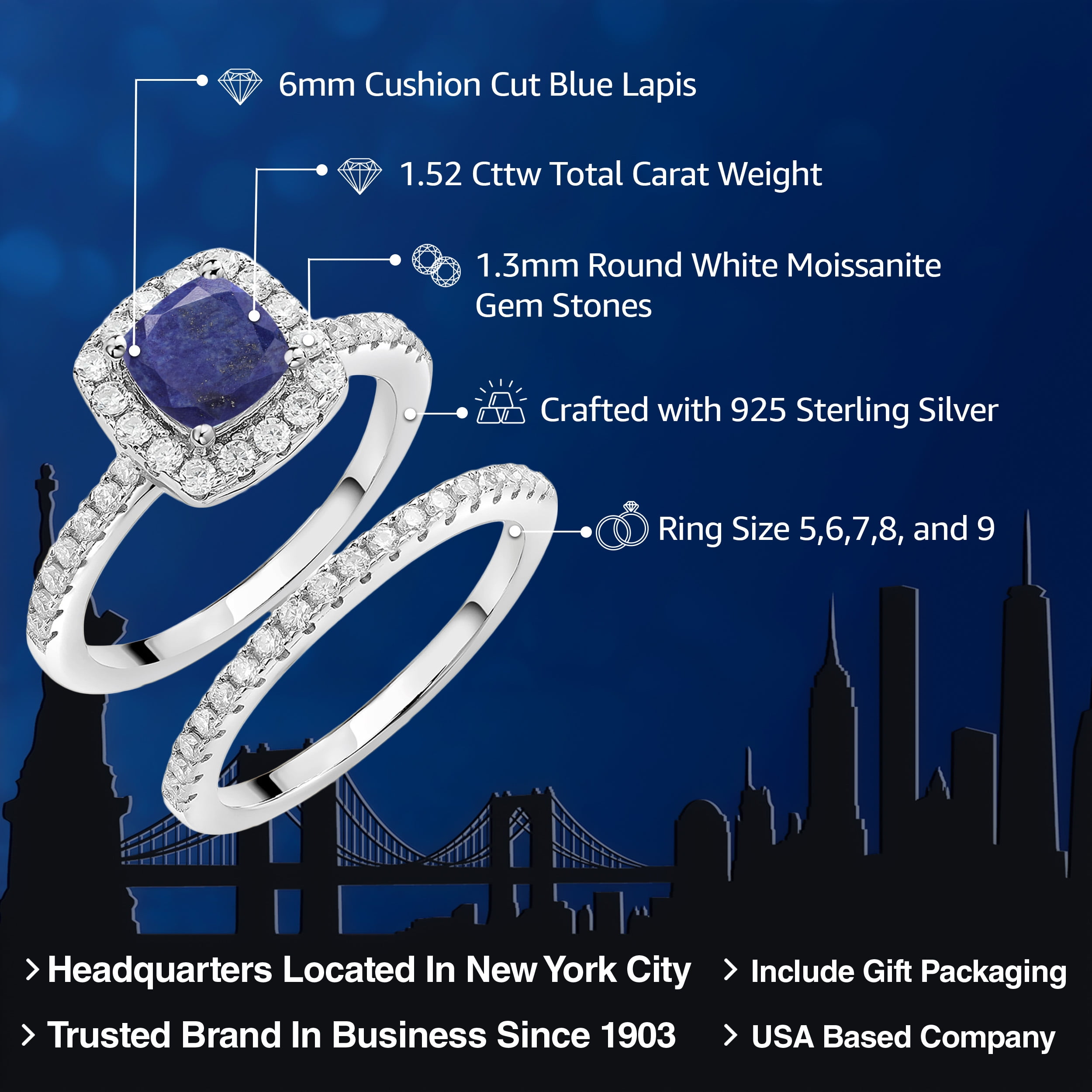 Gem Stone King 925 Sterling Silver Ring 1.52 Cttw 6mm Cushion Lapis and Moissanite