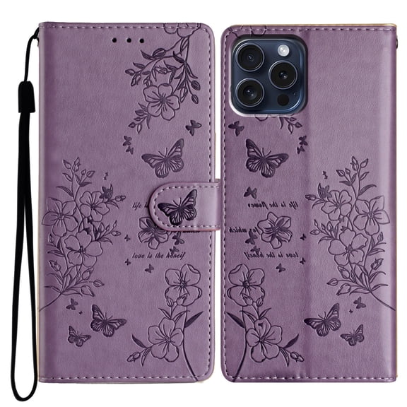 for iPhone 12 Pro Max Flip Case with Credit Card Slots, Flower Butterfly Embossed PU Leather Shockproof Cash Pocket Protective Wrist Strap Kickstand Wallet Case Cover for iPhone 12 Pro Max, Purple