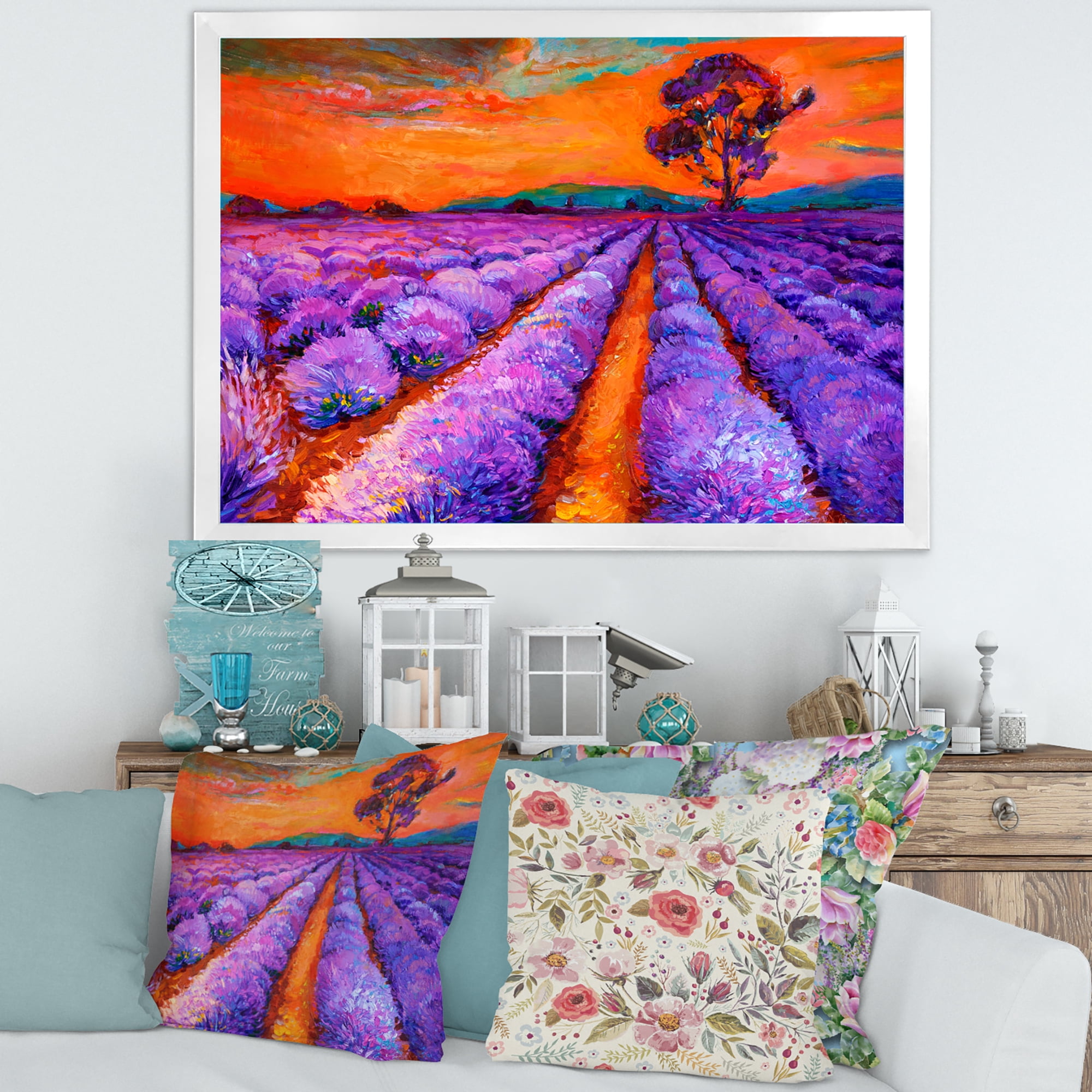 Designart 'An Orange Sunset Over Purple Lavender Fields I' Farmhouse Framed Art Print