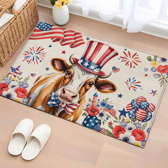 Independence Day Entryway Rug 2'x3'  Non Slip Front Door Mats, Cow Patriotic Usa Flag Firework Floral Entrance Rugs Indoor Outdoor Carpet, Washable Floor Mats Small Area Rug for Bedroom Kitchen
