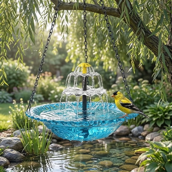 Clearance! Solar Cascade Hanging Bird Bath Fountain with Solar Pump & Glass Bowl for Outdoor Garden Decor
