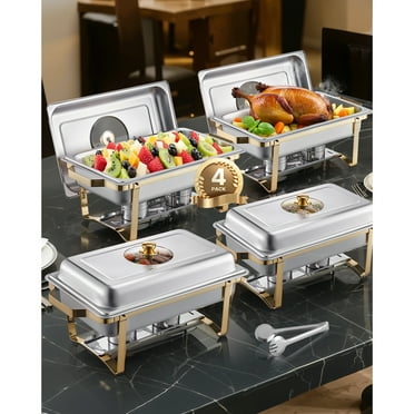 KFFKFF 4 Pack 8 Qt Chafing Dish Buffet Set, Stainless Steel Chafers and Buffet Warmers Sets with 4 Half Size Pans, Rectangular Food Warmer with Glass Cover, Water Tray, Foldable Stand and Fuel Holder