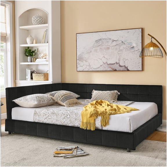 Queen Upholstered Daybed with Backrest, Sofa Bed Frame for Living Room, Velvet Modern Studio Couch with Armrests, Black
