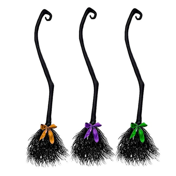 NQyIOS Witch Broom with Ribbon, Halloween Decoration Party Favor Photo Booth Accessories, Wicked Witch Broomstick with Colorful Ribbons for Kids Adults Party Decorations, 3 Pcs