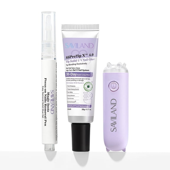 SAVILAND Tip Solid U V Nail Glue & Remover Kit: 30-Day Solid Adhesive Kit with U V Lamp & 3ml Fast Nail Remover Pen for X Nail Gel Extension