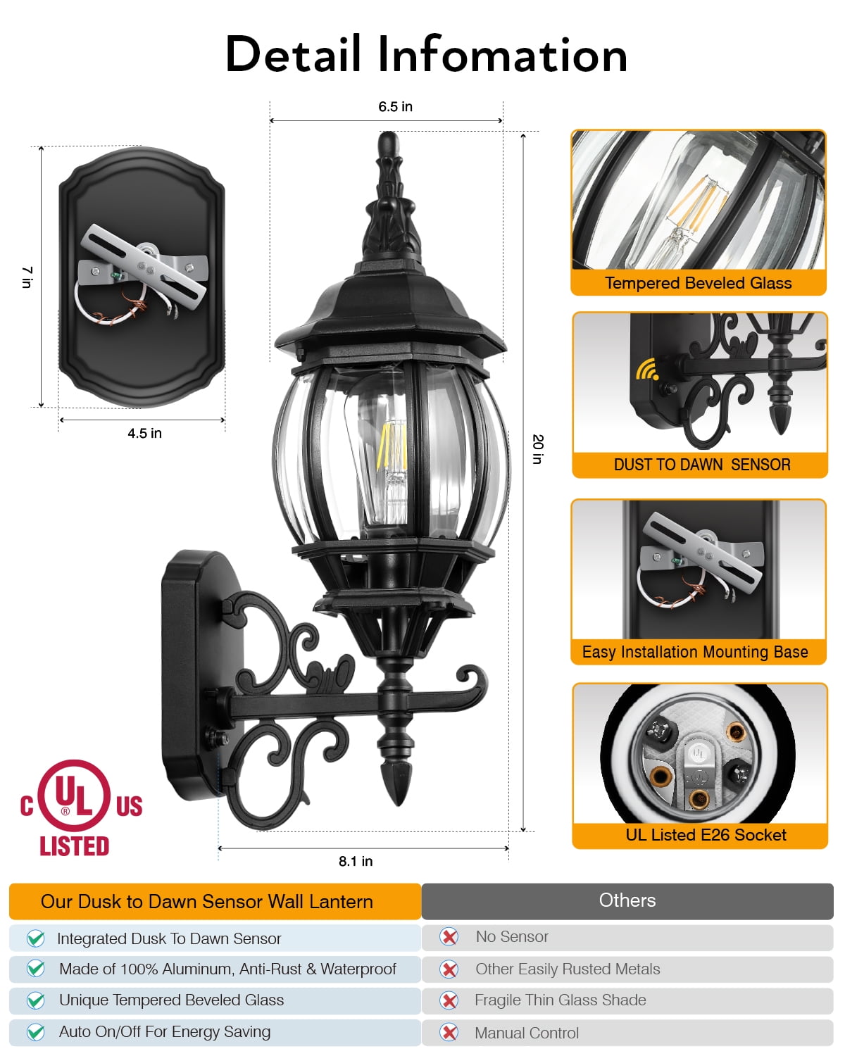 VIANIS Outdoor Wall Light, Black Exterior Porch Light Wall Mount, Modern Outside Lantern Lights for House, Dusk to Dawn Outdoor Sconce Lighting for Garage, Front Door Light Fixture Outdoor Wall Lamps