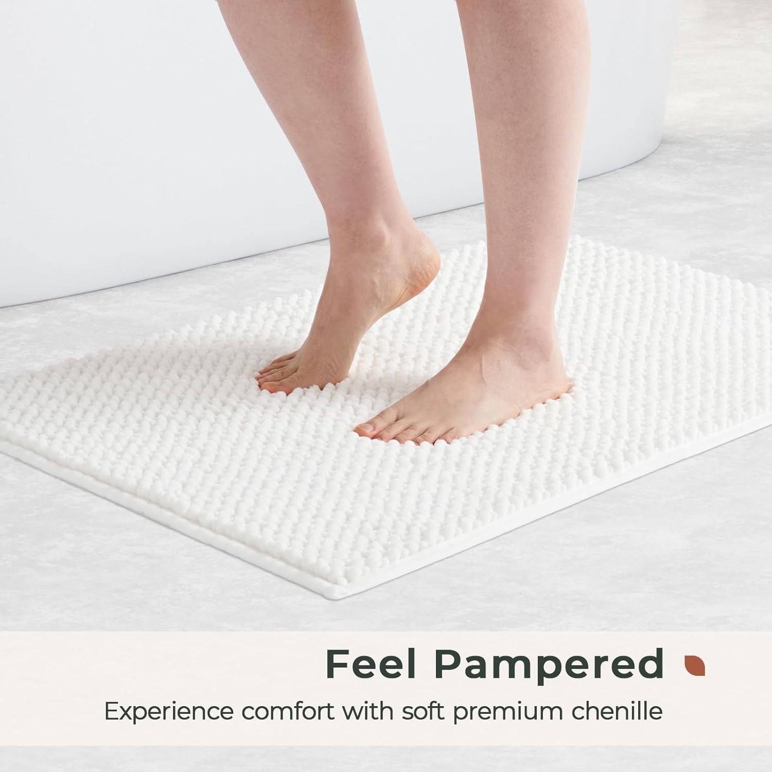 FRESHMINT Chenille Bathroom Rugs 2 Piece Set 17''x24''+20''x32'', Non-Slip & Absorbent Bath Mats, Washable Shower Floor Mat, White