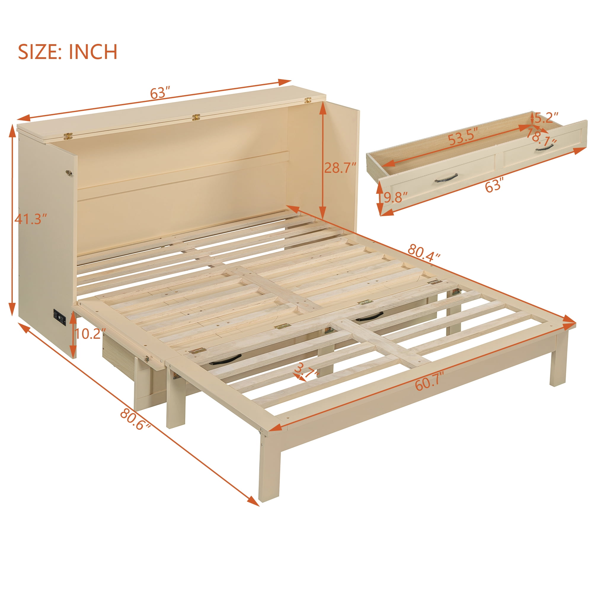 Harper & Bright Designs Rattan Queen Size Murphy Bed, Wooden Queen Murphy Bed Frame with Large Drawers, Folding Wall Chest Cabinet Bed for Guest Room, Gold