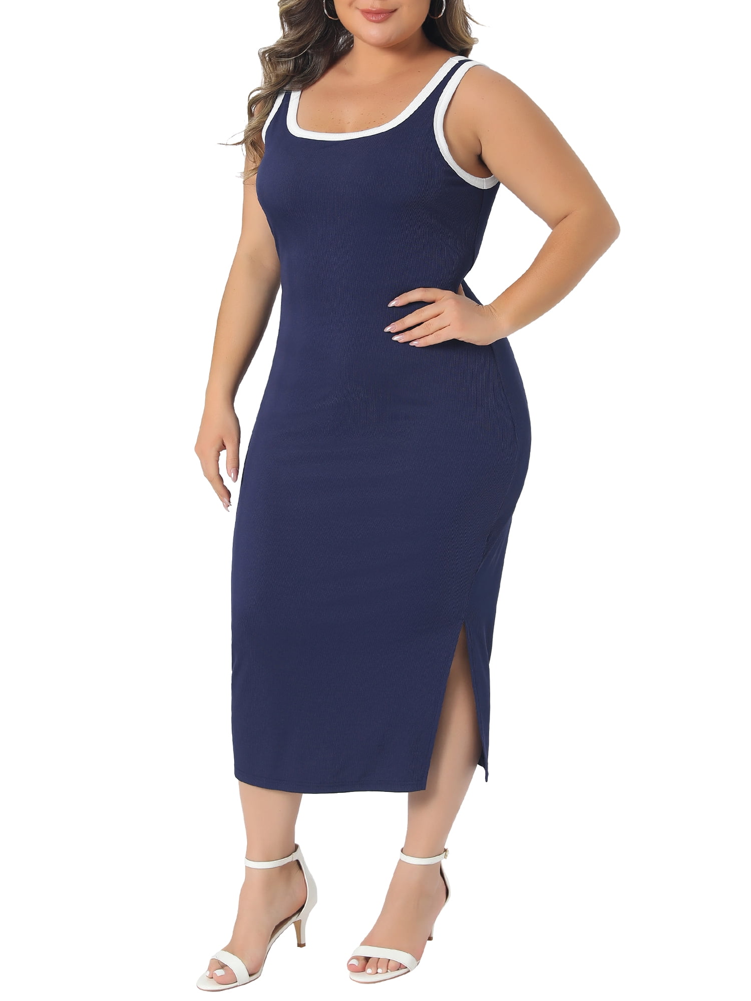 DARING DIVA Women's Plus Square Neck Sleeveless Bodycon Dress with Side Slit 4X Dark Blue
