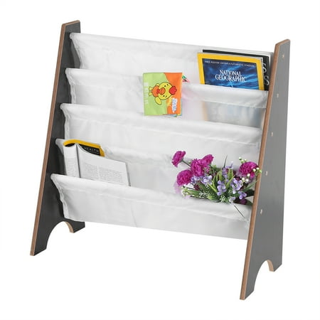 Pocket Revolving Book Display YOSOO Children Book Rack,Kids Book Rack Storage Sling Bookshelf Furniture Wooden+Polyester Bookcase Book Storage Display Rack Bookshelf With 4 Pockets ()