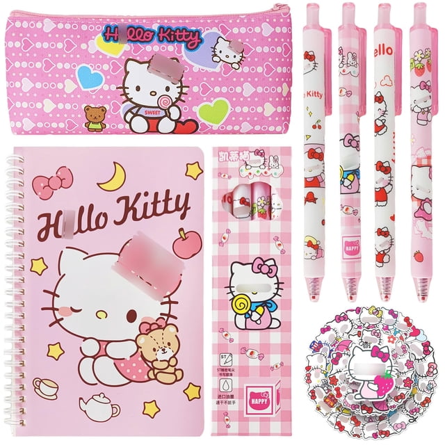 juego de útiles escolares koiswim cute kitty con bolígrafos de gel y cuaderno, set rosa anime que muestra 4 bolígrafos retráctiles kawaii (tinta negra, punta 0.020 in), cuaderno espiral 5.7 x 4.1 in de 60 hojas (120 págs) con portada Hello Kitty, estuche estampado, 50 calcomanías reutilizables impermeables y un lápiz cse; frontal con todos los artículos visibles; también apto para organizar accesorios pequeños.