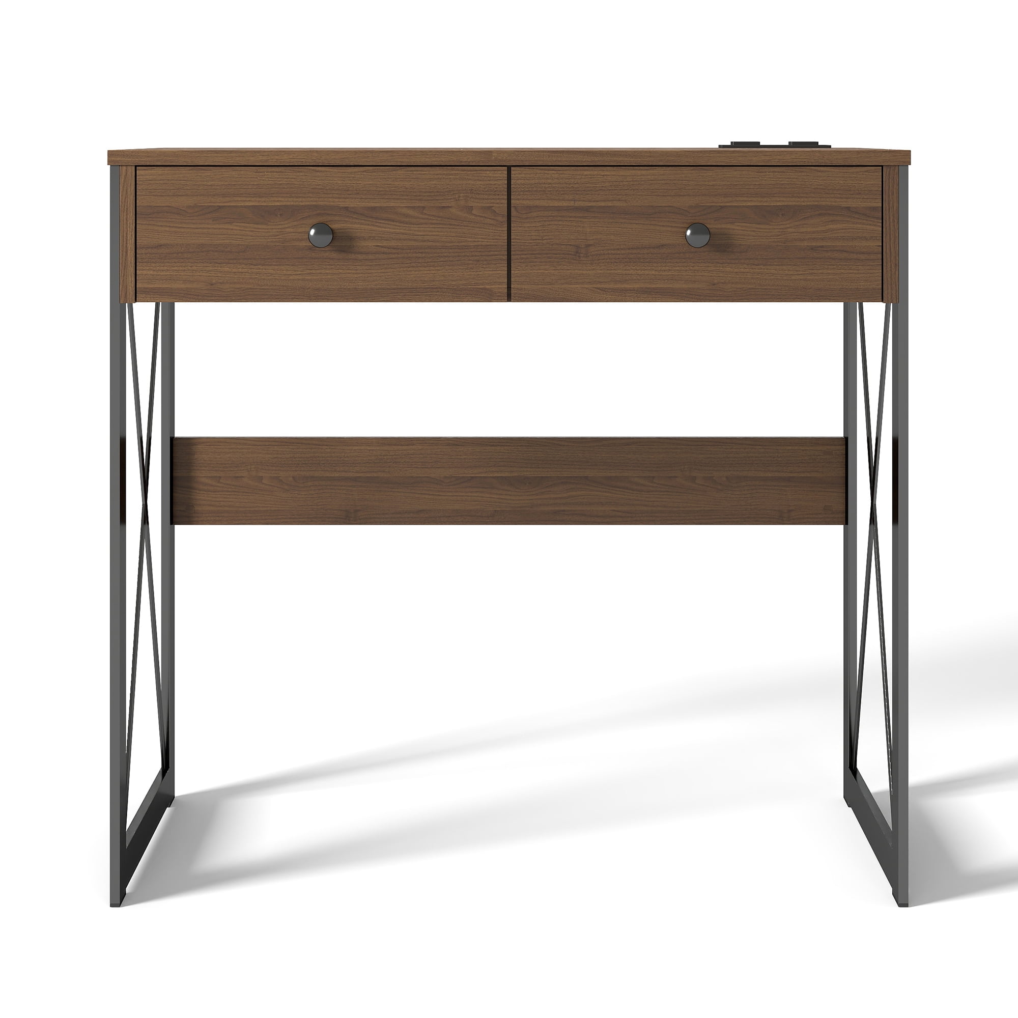 Manora Home Office Desk, Computer Desk Small PC Table with 2 Drawers, X Shaped Legs, Walnut