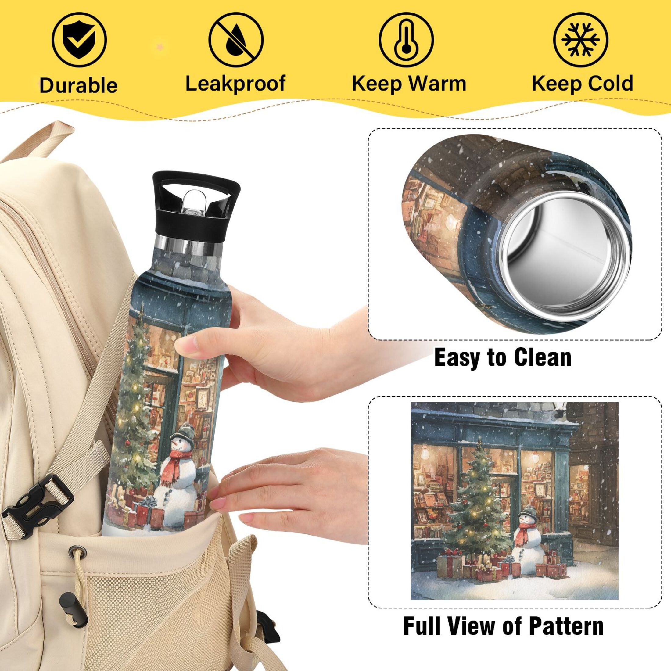 600ML Stainless Steel Insulated Cup Sports Water Bottle Portable Thermos Cup Water Glasses Insulated Tumblers Convenient and Durable Christmas Street Scene