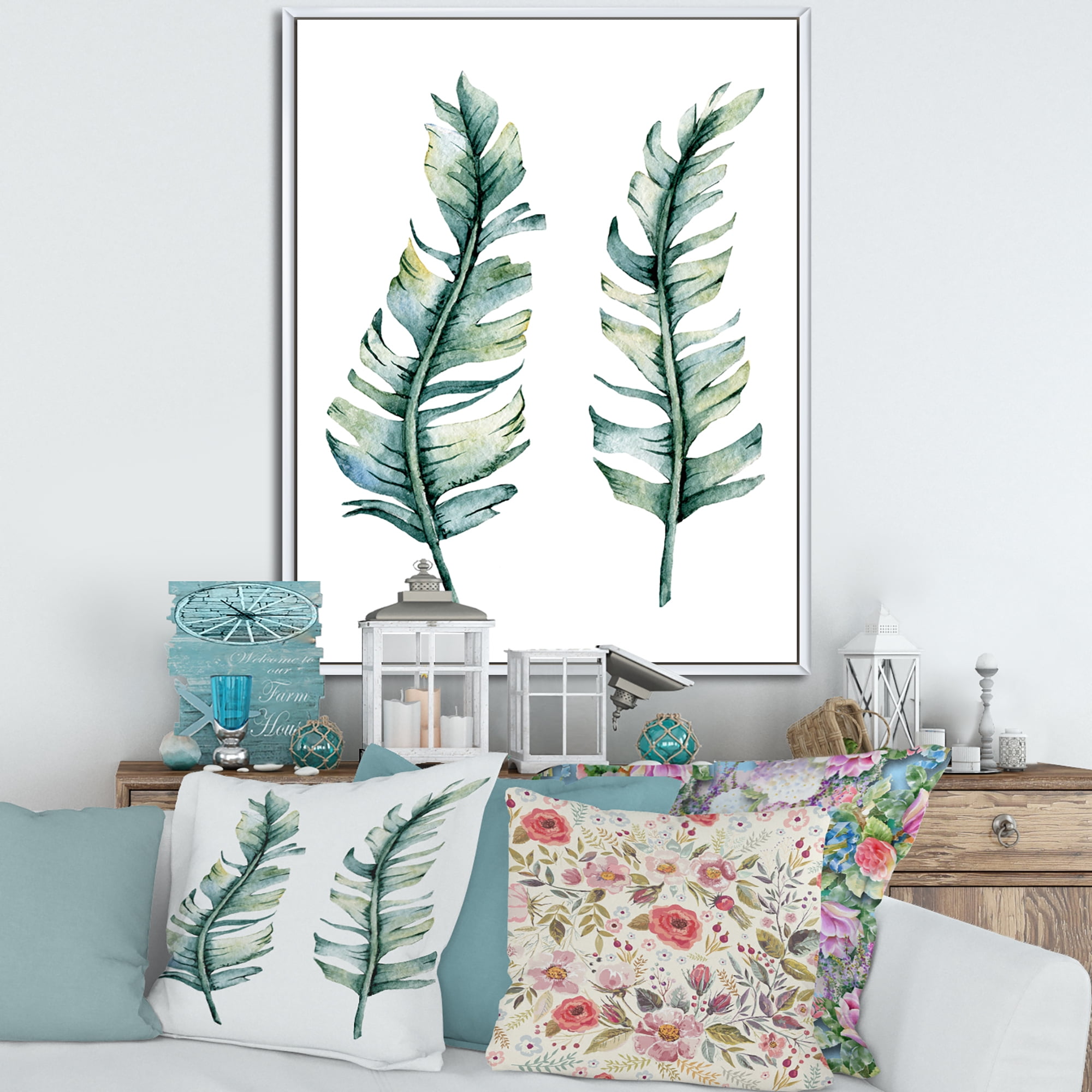 Designart 'Duo of Tropical Leaves On White' Farmhouse Framed Canvas Wall Art Print