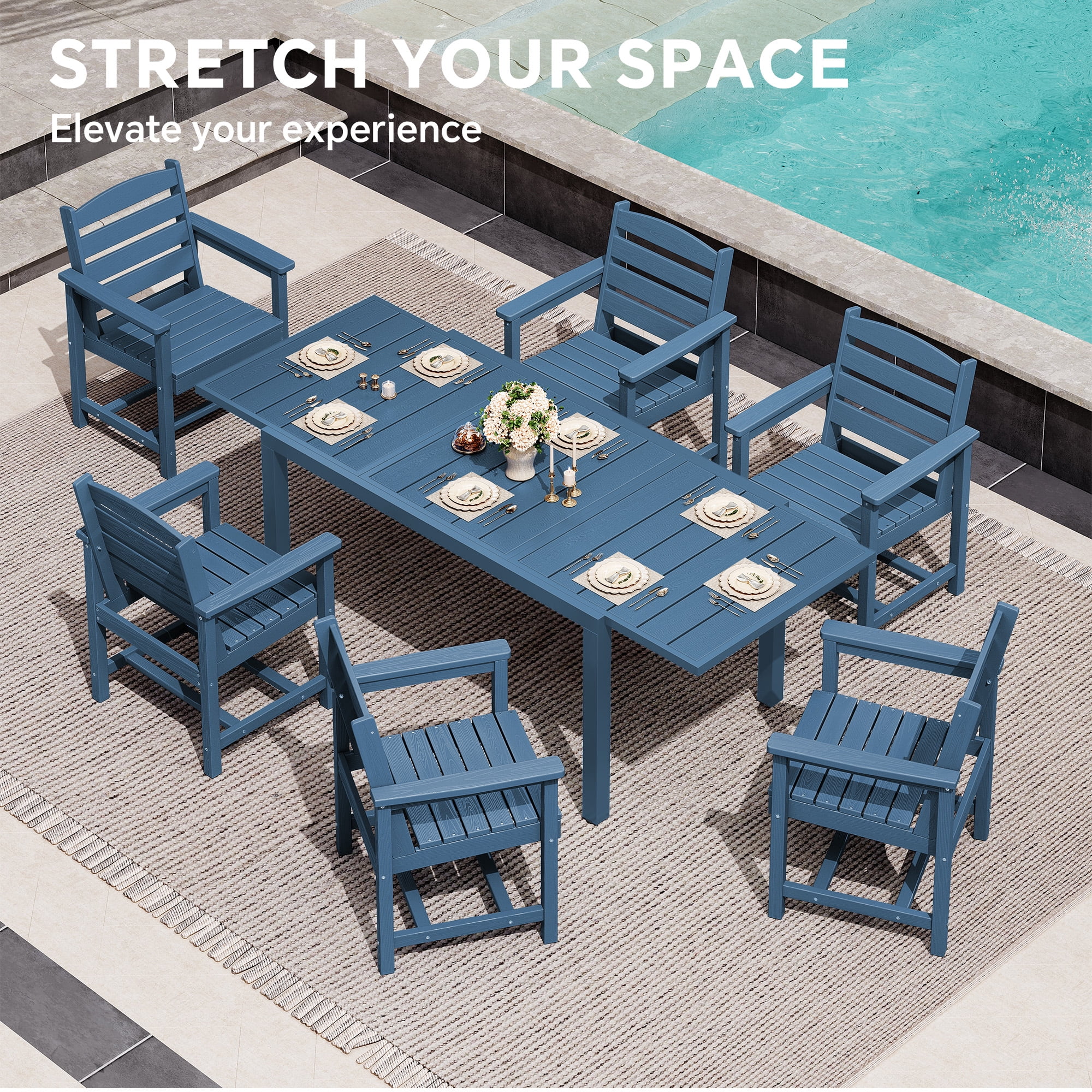 SERWALL 7-Piece Outdoor Dining Set with Expandable Patio Dining Table and 6 Chairs, 60–83 Inch All-Weather HDPE Patio Furniture Sets for Backyard, Garden, Deck, Poolside - Blue