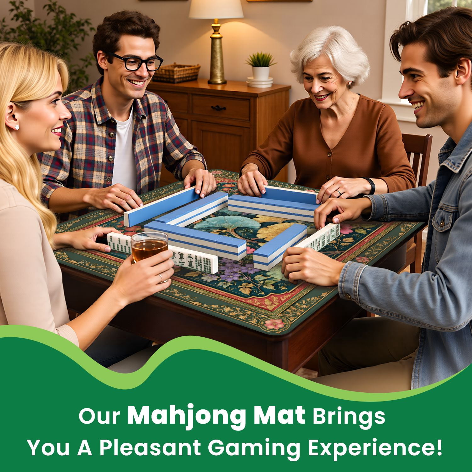 Mahjong Mat 31.5" x 31.5" Floral Botanical Ginkgo Leaves Butterflies Emerald Green Non-Slip Noise Reduction Mahjong Tiles Table Cover for Dominoes Poker Card Board and Tile Games