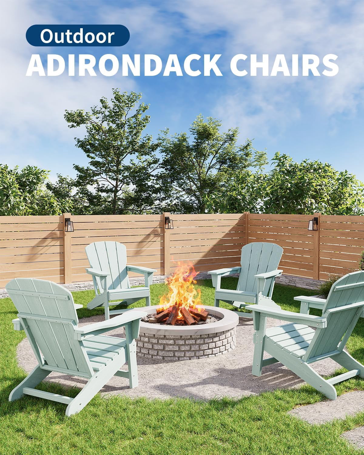 Outdoor Adirondack Chairs, HDPE Plastic Patio Chairs for All Weather, Weather-Resistant Fire Pit Chair with Wide Armrests & Slatted Back, for Patio, Deck, Lawn, Light Biue