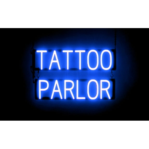 SpellBrite TATTOO PARLOR LED Sign for Business. 24.1" x 15.0" Blue TATTOO PARLOR Sign Has Neon Sign Look With Energy Efficient LED Light Source. Visible from 500+ Feet, 8 Animation Settings.