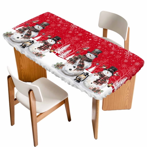 Red Christmas Table Cloths for 6 Foot Rectangle Tables, Snowman Snowflake Winter Birds Patio Waterproof Elastic Fitted Tablecloths, Washable Rectangular Table Cover for Camping