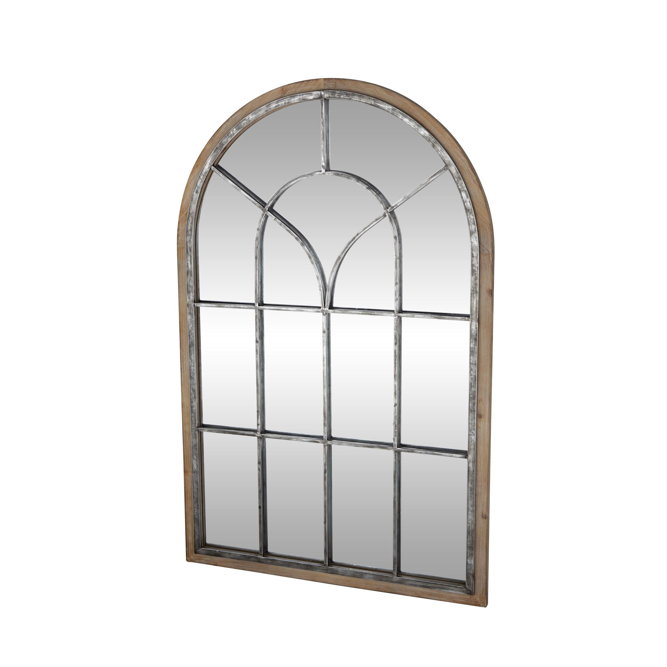 DecMode Farmhouse Glass Arched Window Pane Shape Wall Mirror with Distressed Brown/Whitewashed Finish, 33"W x 51"H