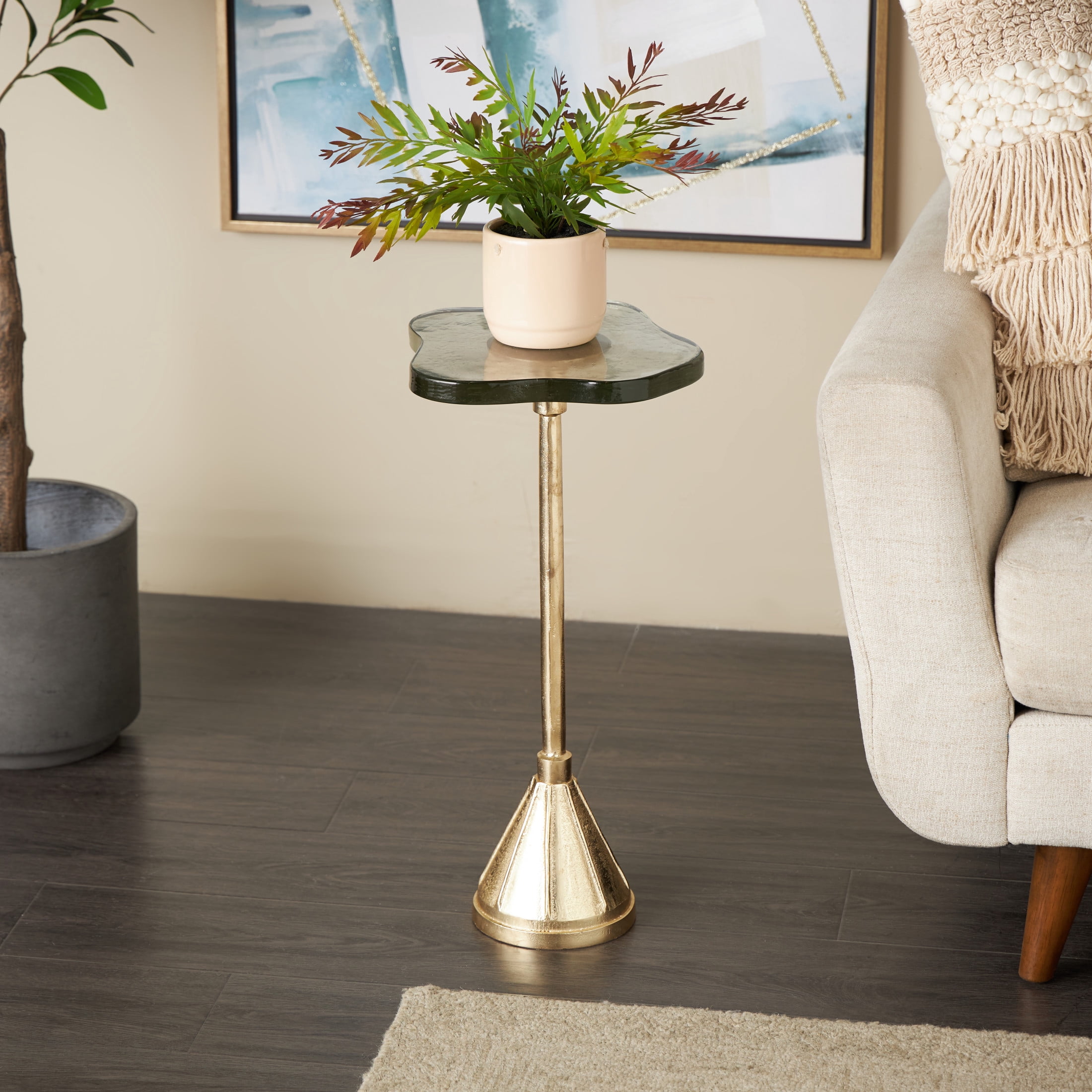 DecMode 11" x 23" Gold Aluminum Metal Pedestal Accent Table with Textured Glass Tabletop, 1-Piece