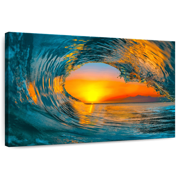 Elephant Stock Golden Sunset Wave Wall Art - Horizontal Canvas Wall Art - Living Room Wall Decor - Beach Canvas - Gray And Brown Decor - 12" x 8"