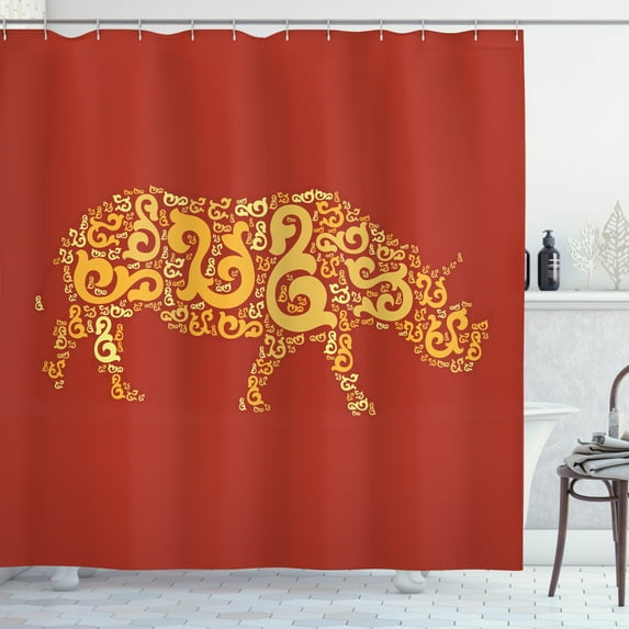 Rhino Shower Curtain, Abstract Design of a Jungle Mammal Wildlife Herbivore Nature Theme African Feels, Fabric Bathroom Set with Hooks, 69W X 70L Inches, Multicolor, by Ambesonne