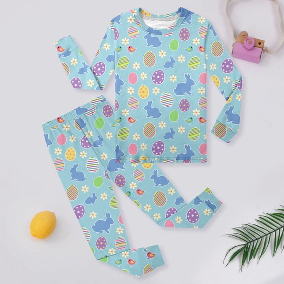 Easter Outfit for Boys Girl Sets Easter Bunny Print Long Sleeve Top And Pant Pj Set Kids Nightwear Soft 2 Piece Holiday Loungewear Sets Light Blue 2-3Y