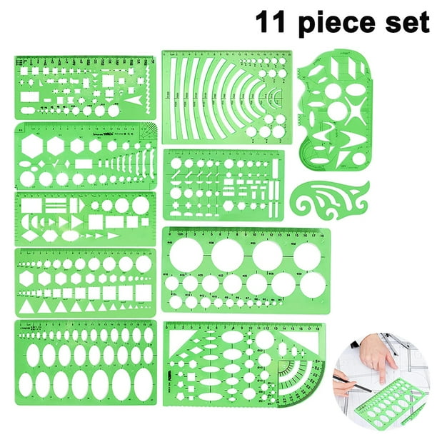 11pcs Geometric Drawing Templates, Plastic Measuring Template Rulers Clear  Green Shape Template For Drawing Engineering Drafting Building School Offic