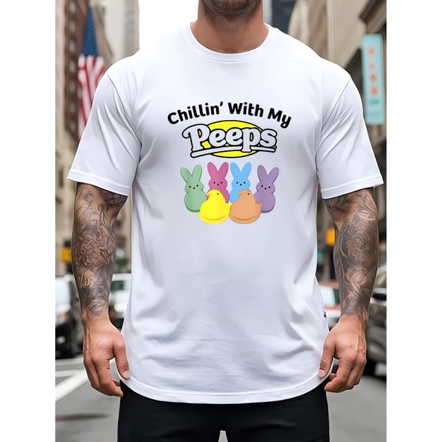 Men's Easter Rabbit Pattern T-shirt -100% cotton, casual round neck, short sleeved, cool design with my friends, black with colored rabbit ears