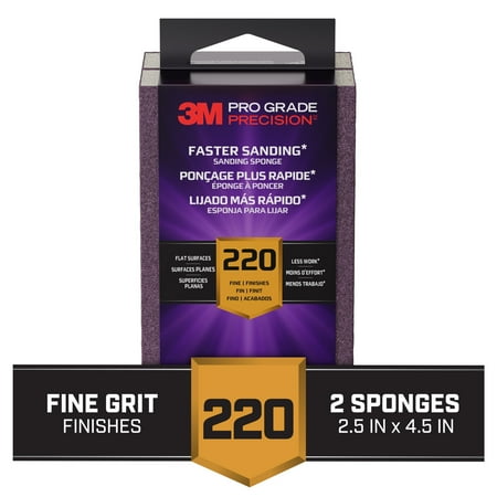 3M Pro Grade Precision Sanding Block, Faster Sanding, 2.5 in. x 4.5 in. x 1 in., 220 Grit, X-Fine, 2 Sponges