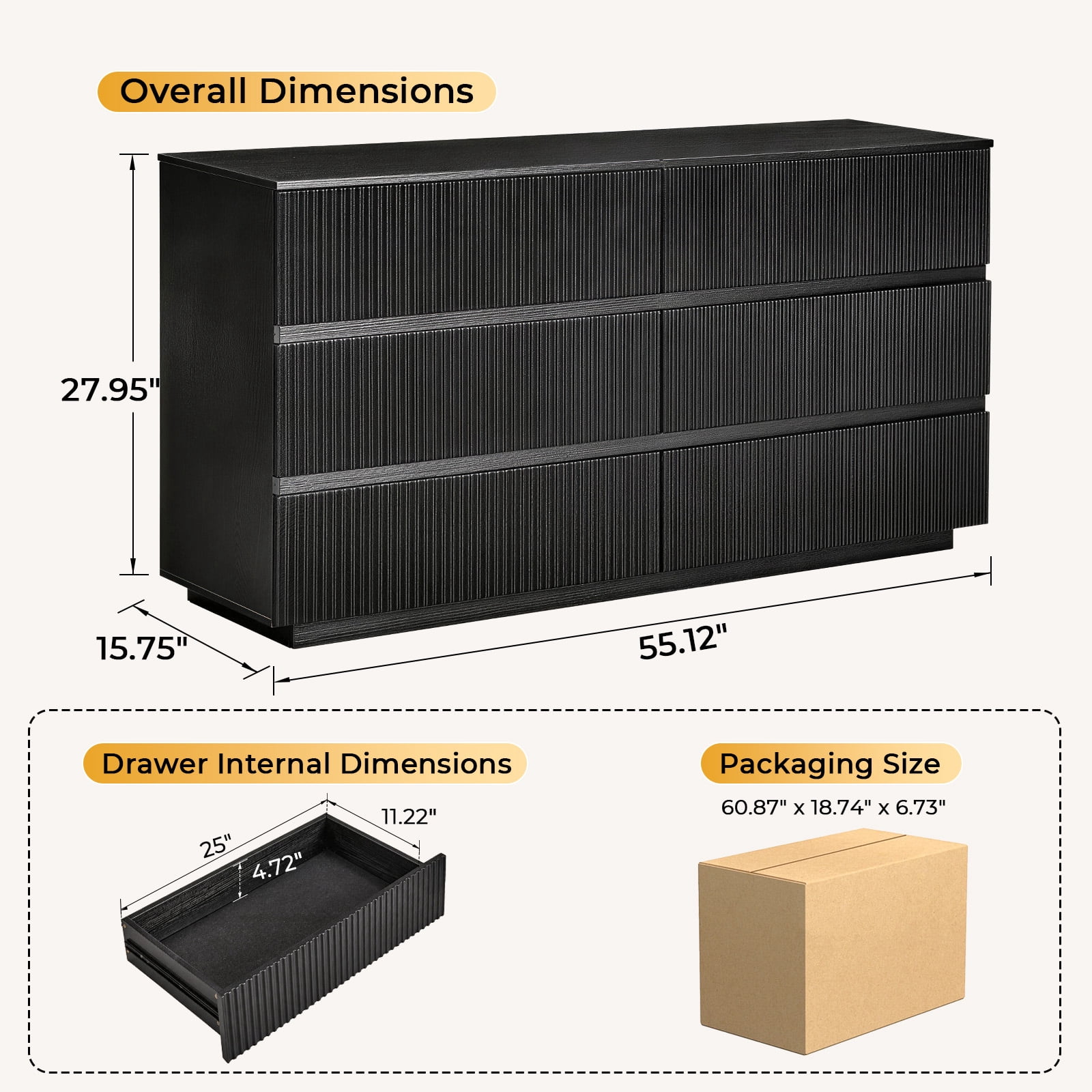 Handleless 6-Drawer Dresser with Grille Finish P2 Particleboard + MDF & Melamine Veneer + Vacuum-Formed Bedside Table 55.12*15.75*27.95in Black