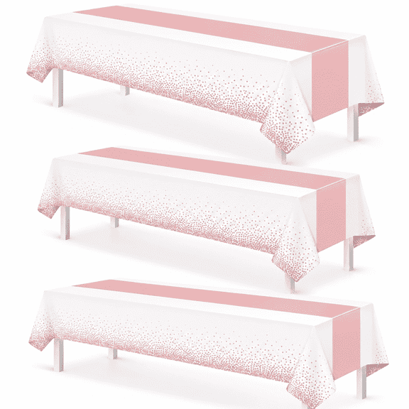 3-Pack White and rose gold Tablecloth, Plastic White Table Cloth with Printed rose gold Runner, Disposable Rectangle Table Cover for Birthday, Wedding, Graduation Party, 54 x 108 Inches