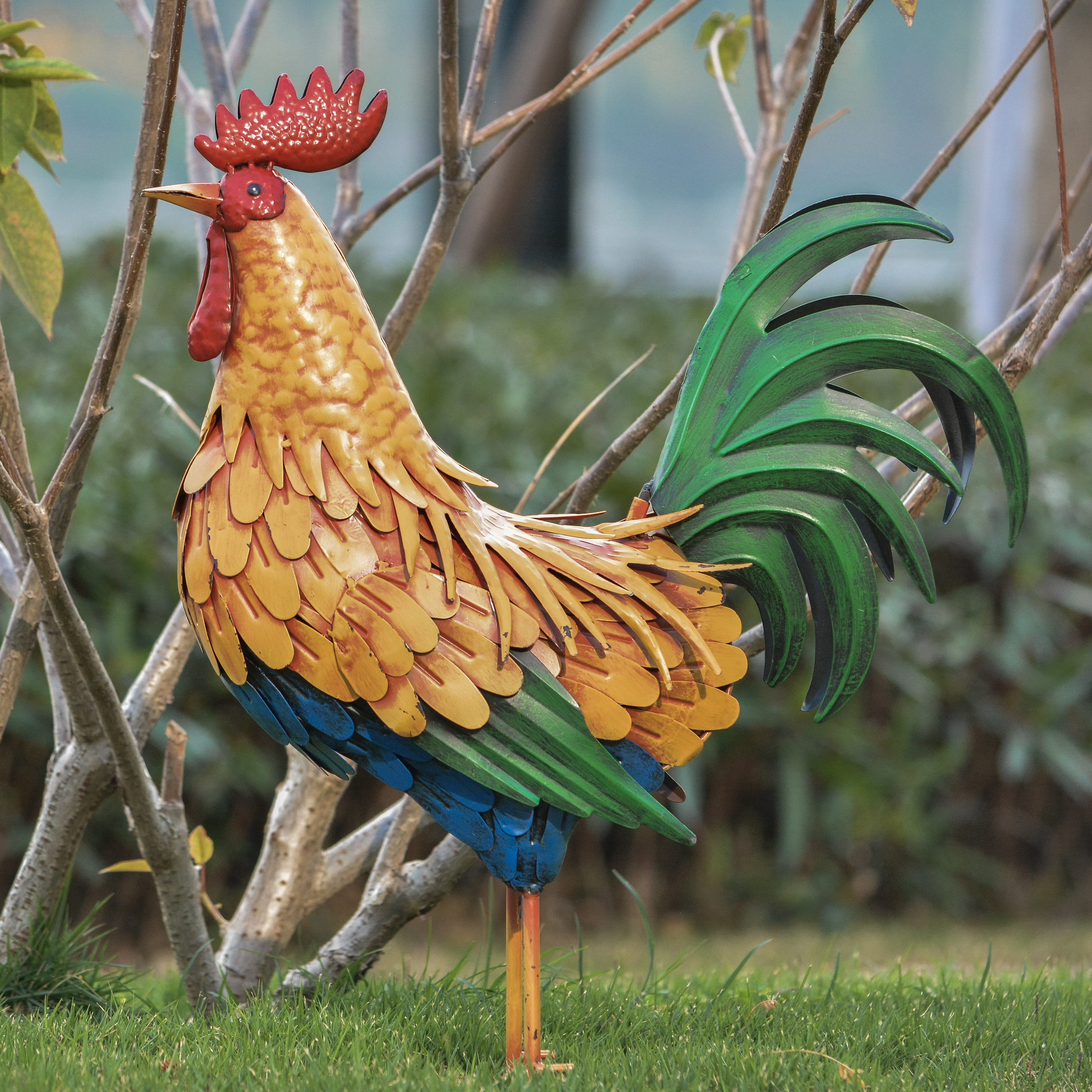 TERESA'S COLLECTIONS Large Metal Rooster Garden Statues Decor, 21 Inch Outdoor Chicken Sculpture Figurines Bird Yard Art for Farm Patio Lawn Kitchen Decorations,Housewarming Gift