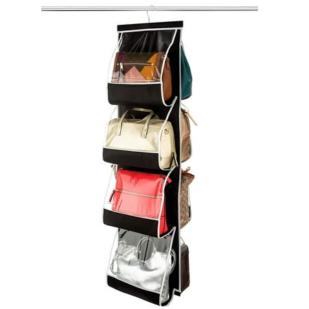 - Zober Hanging Purse Organizer 47” L x 12 ¼” W, Clear Handbag Organizer For Purses, Handbags Etc. 8 Easy Access Clear Vinyl Pockets With 360 Degree Swivel Hook, Black With White Trim