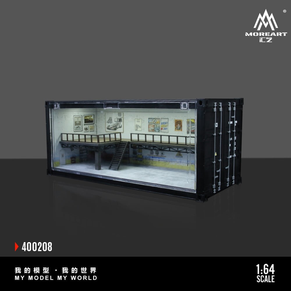Diorama 1/64 Container Diecast Garage Model, Big LED Lighting Parking Lot Scene Display Case, Building Model, Model Car Display Storage for hotwheel