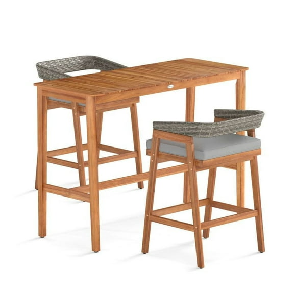 Patio Counter Height Bar Set with Cushions, 3 Piece Outdoor PE Rattan Bar Table and Stools for Bistro, Deck, Garden, Backyard, Porch, Gray - 54" Table, 2 Stools
