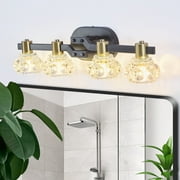 24 Inch brass 4-Light Mirror light with Clear Crystal Vintage Shades, Black Iron Finish Vanity Wall Sconce Fixture for BathroomHallway And Bedroom (No Bulbs)