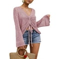 thumbnail image 5 of Womens Boho Off Shoulder Sheer Crochet Crop Top with Bell Sleeves Flowy Oversized Ruched Pullover Sweater, 5 of 6