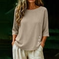 thumbnail image 4 of Womens Tops Elbow Length Sleeve Tshirts for Women Crew Neck Solid Color Button Summer Fall T-Shirts, 4 of 7