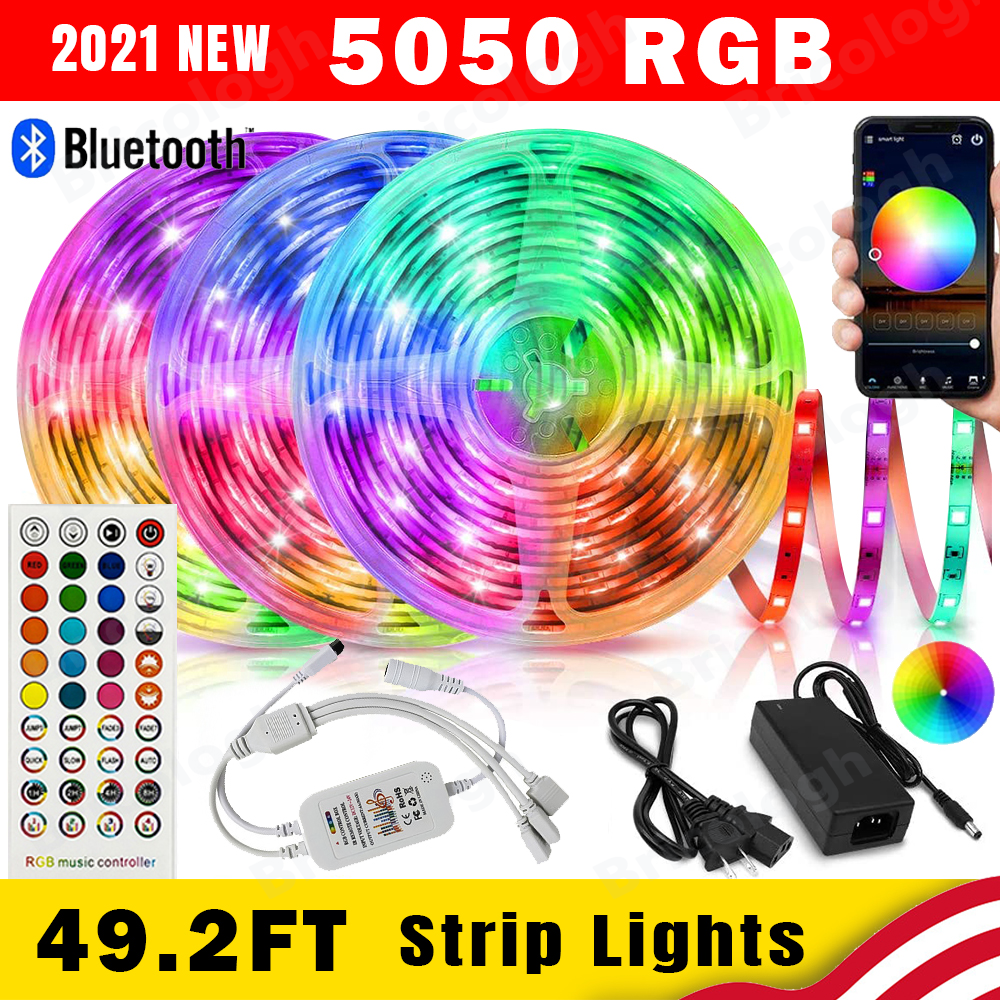 49.2ft LED Strip Lights RGB Color Chang Bluetooth Tape Music Room Party TV Lamps 