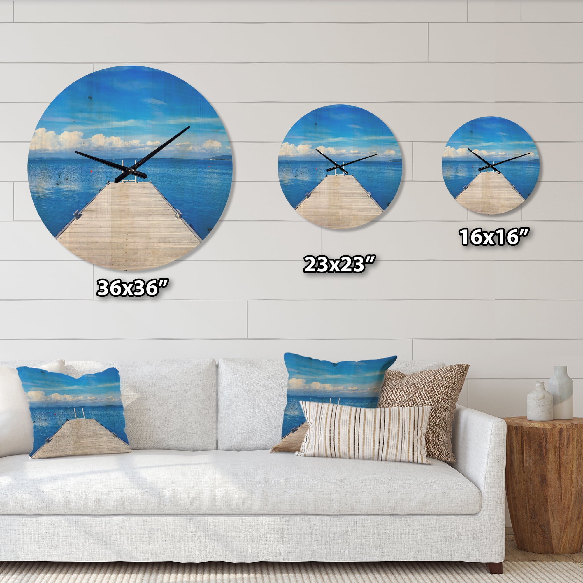 Designart 'Large Wooden Pier Over Blue Lake' Modern Wood Wall Clock